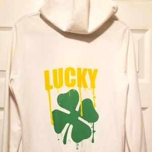 Vintage Rue 21 hooded sweatshirt, white with shamrocks, size XL